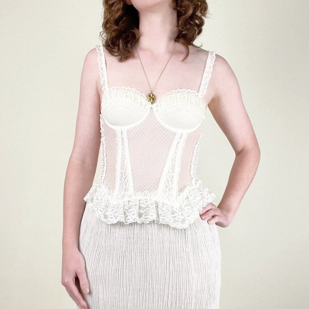 Vintage Lace Ruffle Corset Top Coquette Girl Cottagecore Sexy Feminine 90s Y2K